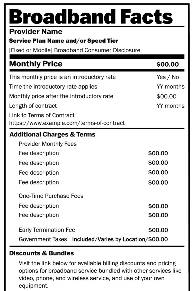 A partial broadband nutrition label sample from the FCC