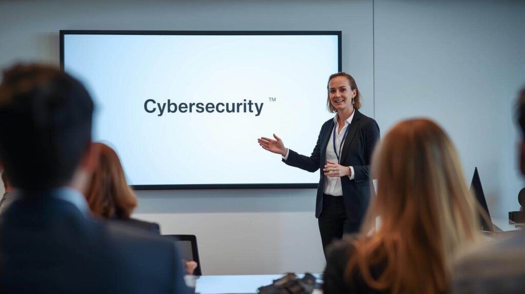 A confident trainer leads a cybersecurity awareness workshop in a bright, modern conference room, gesturing toward a screen displaying the title "Cybersecurity."