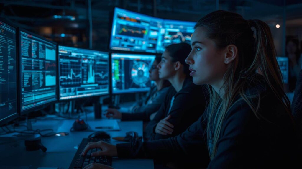 A high-tech security operations center where female analysts monitor glowing dashboards and alert screens in a dim, focused, and futuristic environment.