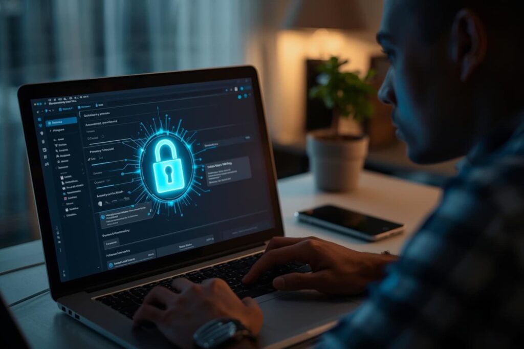 Close-up of a person navigating a privacy dashboard on a laptop, with a stylized digital lock icon centered on the display to represent encrypted security.